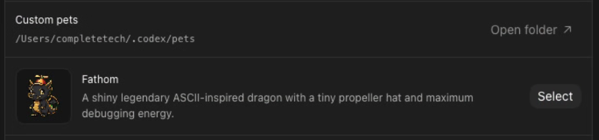 Custom pets section with Fathom and a Select button
