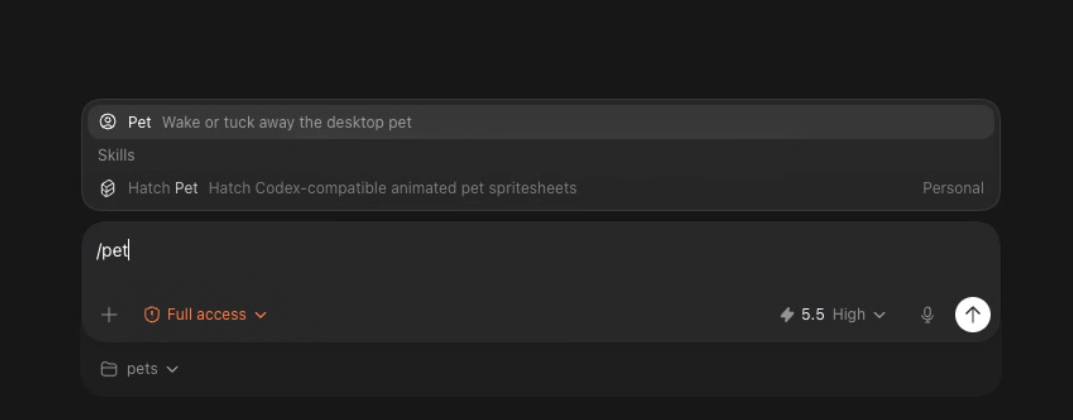 Slash-command autocomplete showing /pet — 'Wake or tuck away the desktop pet'