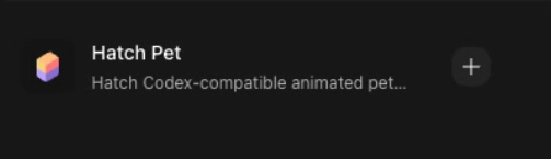 Hatch Pet listing — 'Hatch Codex-compatible animated pet…' with install button