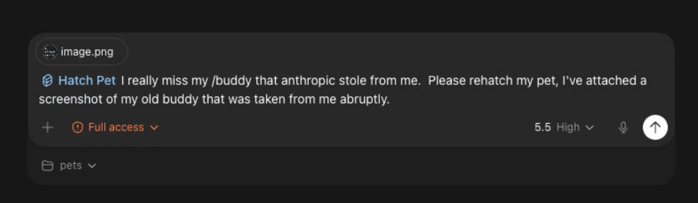 Codex chat input with image.png attached and the rehatch prompt typed