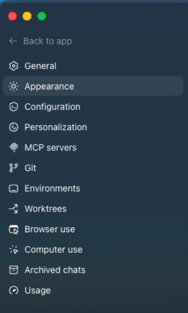 Settings sidebar with Appearance selected