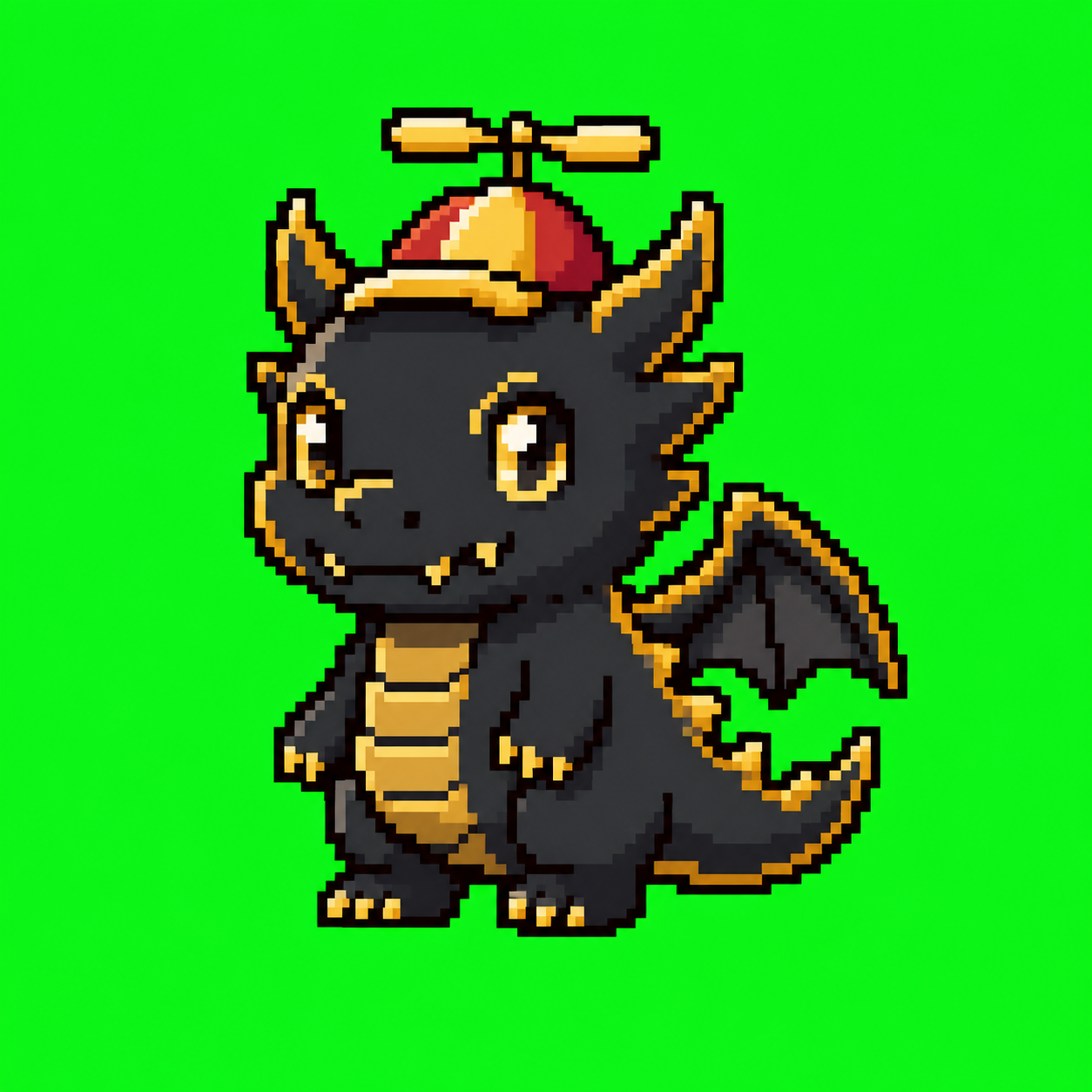 Canonical Fathom — chibi black-and-gold pixel dragon with red propeller hat on a chroma-green background