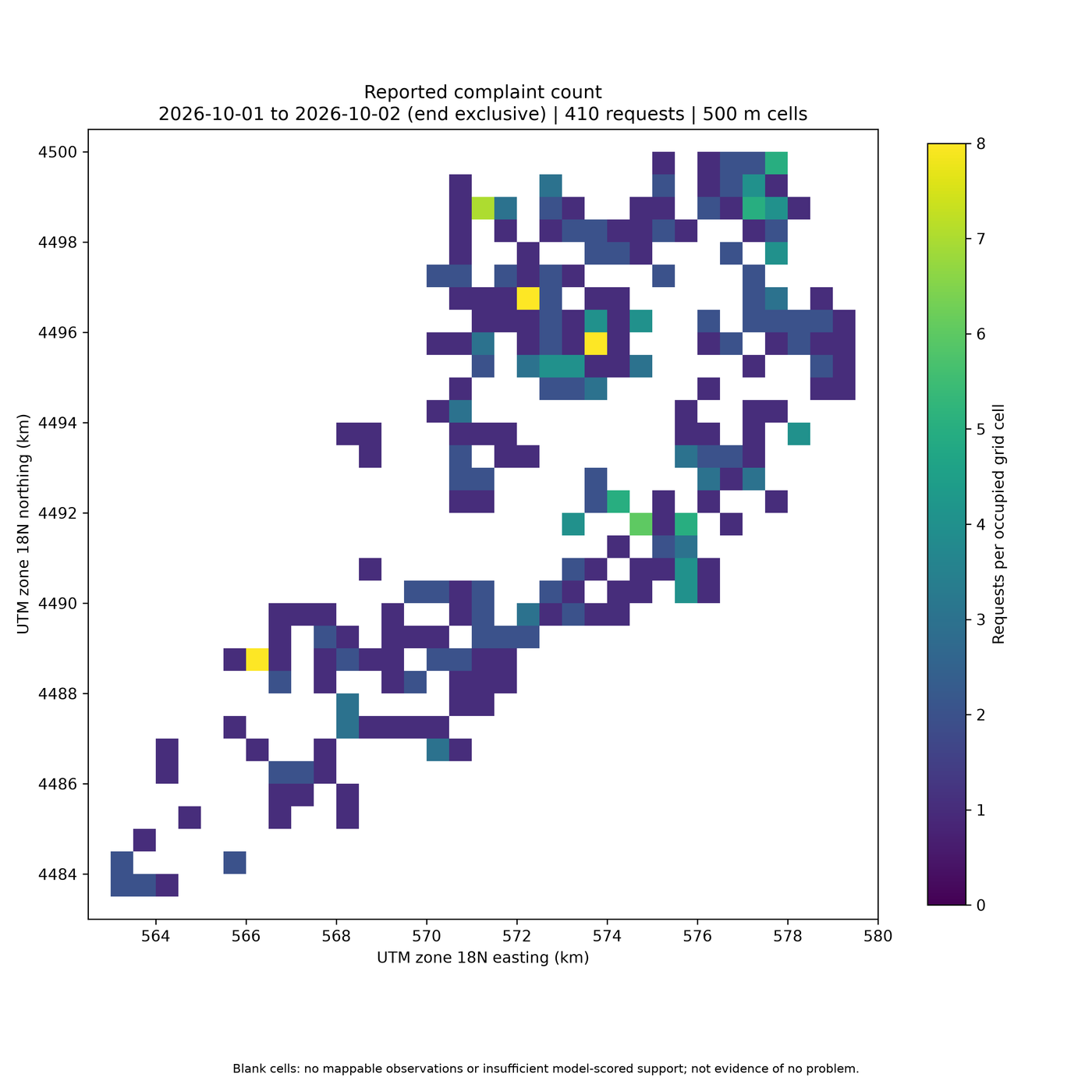 Baseline complaint-count heatmap of Staten Island on 500-meter UTM grid cells for October 1, 2026, showing 410 mapped requests