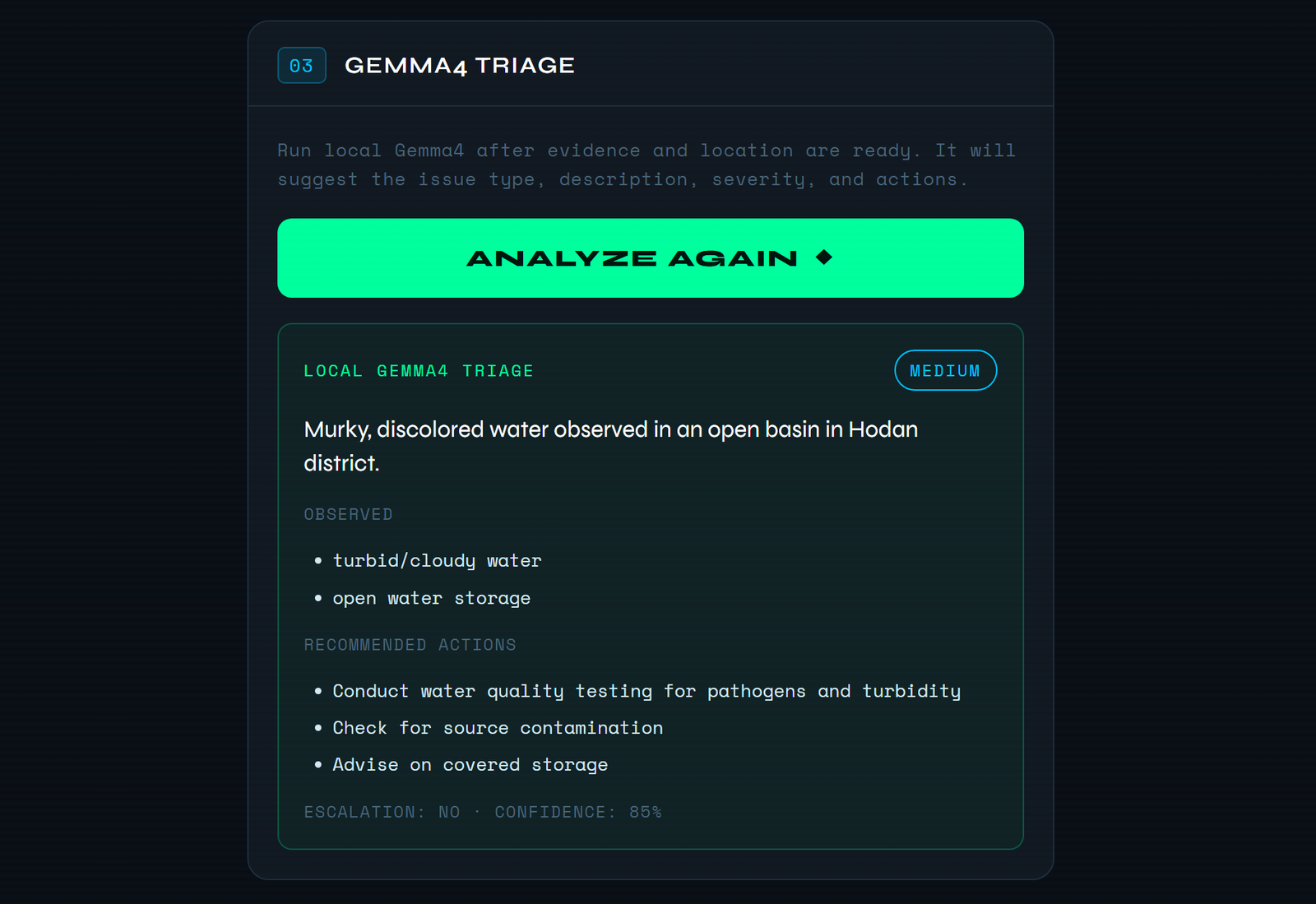 Close-up of the Gemma4 Triage panel: a green Analyze Again button and a Local Gemma4 Triage card marked Medium, with the summary 'Murky, discolored water observed in an open basin in Hodan district', two observed issues (turbid/cloudy water, open water storage), three recommended actions about testing, contamination and covered storage, and the line 'Escalation: no, Confidence: 85%'.