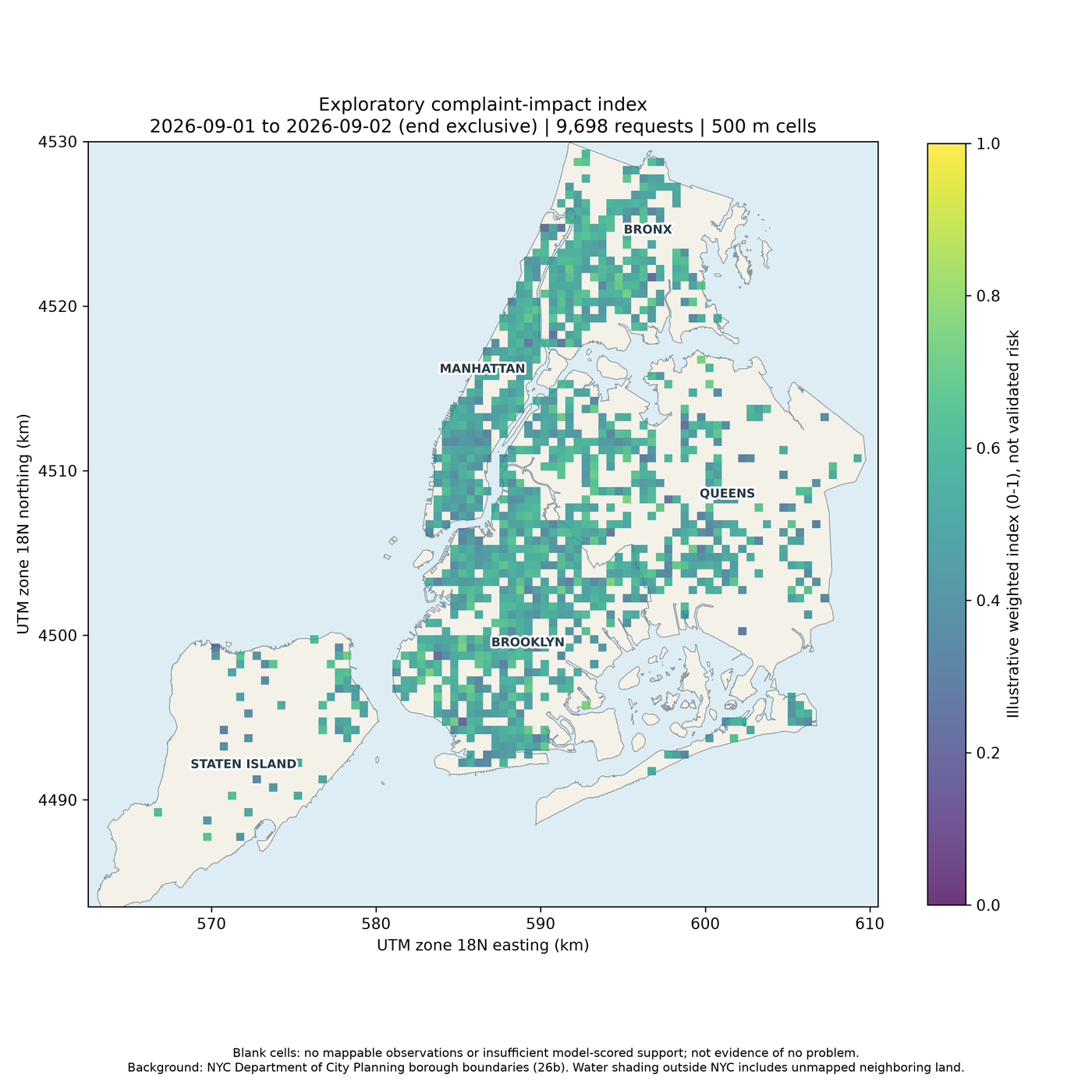 Static PNG of the exploratory complaint-impact index across New York City's five boroughs on 500-meter UTM grid cells, with borough outlines and labels