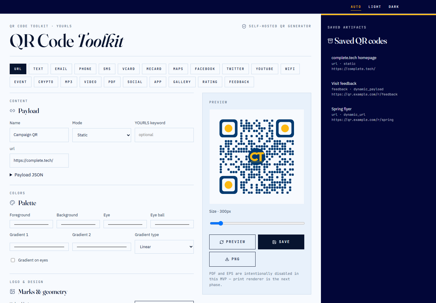 QR Code Toolkit designer running locally, showing content type chips, the URL payload field set to https://complete.tech/, palette controls, a live preview of a navy and gold QR code with a CT logo, and a sidebar of saved QR records.
