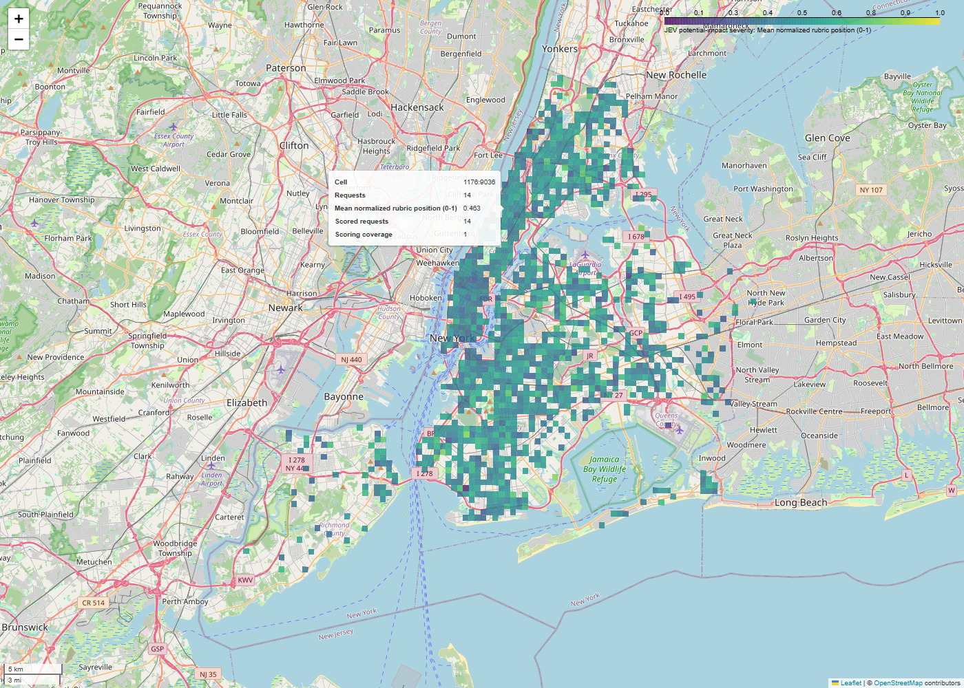 Interactive Folium map of New York City with 500-meter grid cells colored by mean JEV potential-impact severity, with a hover tooltip showing a cell's request count, mean severity and scoring coverage