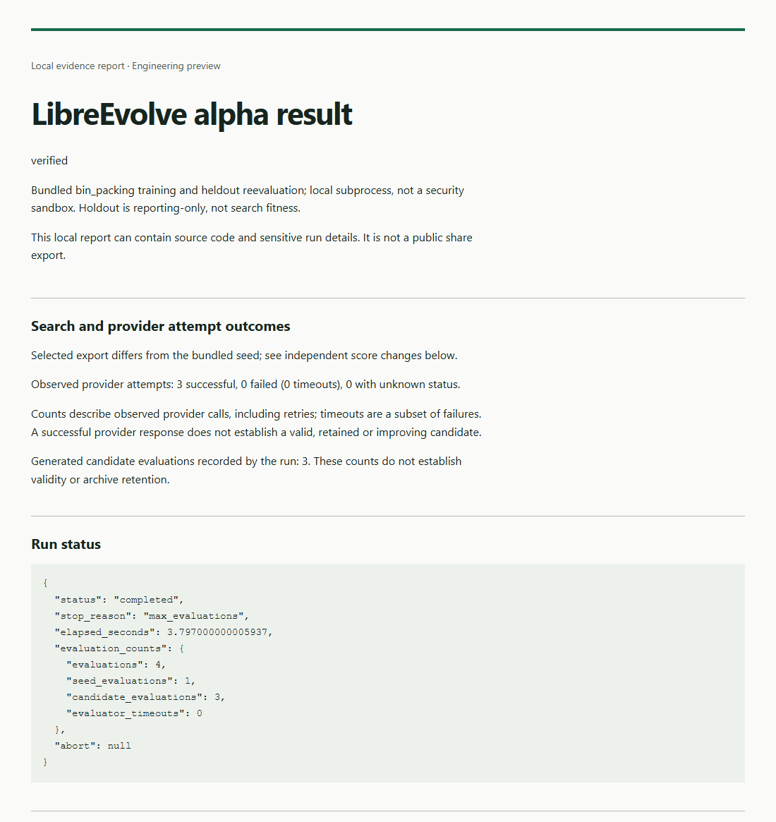 Top of the LibreEvolve local HTML report for the mock run, showing run status completed, stop reason max_evaluations, four evaluations and three provider attempts.