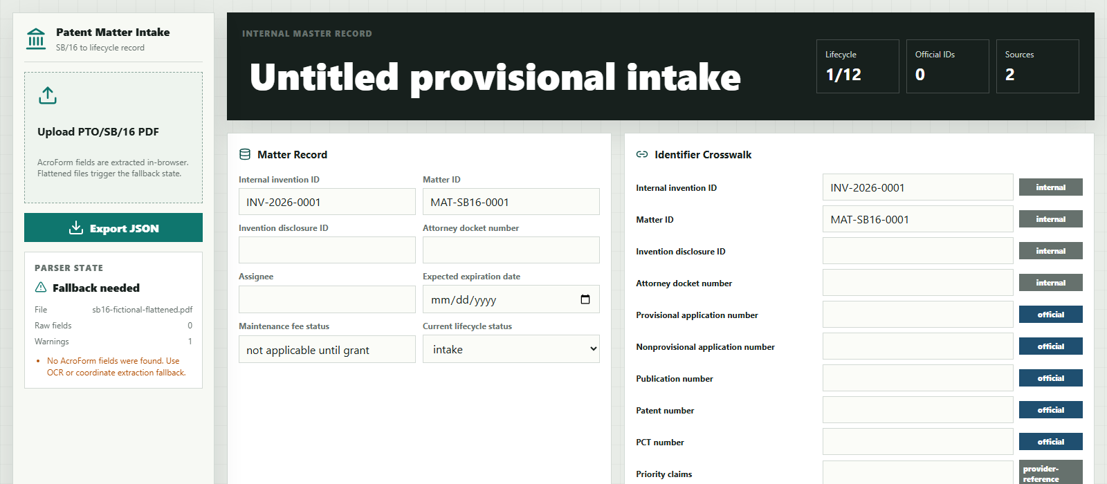 Patent Matter Intake app after uploading a flattened PDF: parser state shows Fallback needed, 0 raw fields, and a warning that no AcroForm fields were found and OCR or coordinate extraction is required.