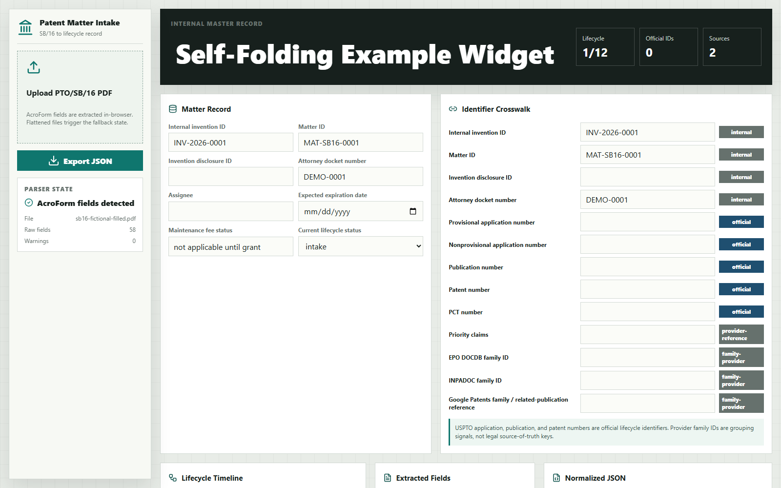 Patent Matter Intake app after parsing a fictional SB/16 PDF: parser state shows AcroForm fields detected, 58 raw fields, 0 warnings; the matter title reads Self-Folding Example Widget and the docket number DEMO-0001 appears in the matter record and identifier crosswalk.