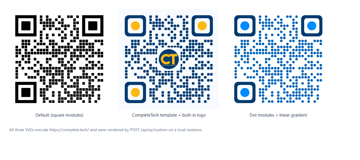Three QR codes side by side encoding https://complete.tech/: a black square-module default, a navy rounded-module version with gold eyes and a CT logo, and a blue dot-module version with a linear gradient.