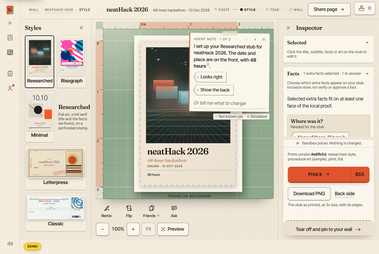 The TicketStub studio editor in demo mode, showing style options on the left, a stub for the neatHack 2026 demo event in the centre with an agent note, and an inspector on the right with facts, a sandbox price notice and Download PNG and Tear off buttons.